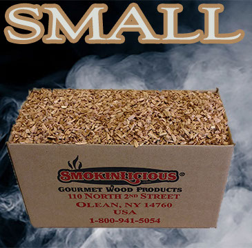 The small Piccolo® box tilted revealing the great amount of smoker chips included!&nbsp; Please select one species and the size smoker wood chip. 